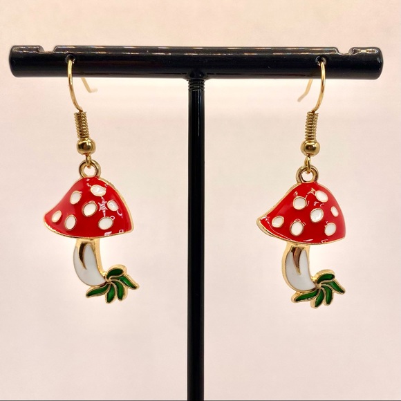 Red and white enamel mushroom earrings - Picture 1 of 3